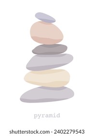 Ilustración vectorial de la pirámide de equilibrio de piedra meditación. Los guijarros apilados de color pastel se ocultan en un fondo blanco.