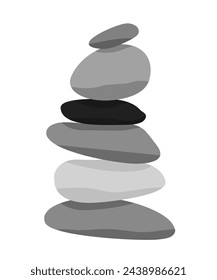 Meditation stone balance pyramid vector illustration. Stacked pebbles black grey colors object isolated on white background.