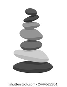 Ilustración vectorial de la pirámide de equilibrio de piedras de meditación. Piedras apiladas negro gris objeto de colores aislado sobre fondo blanco.