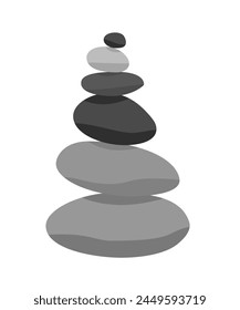 Meditation stone balance pyramid vector illustration. Stacked pebbles black grey colors object isolated on white background.