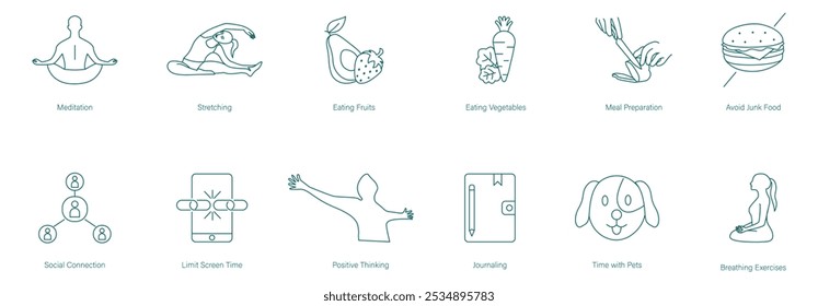 Meditação, Alongamento, Evitar Junk Foods, Conexão Social, Pensamento Positivo, Exercícios de Respiração Vetor Icon Set