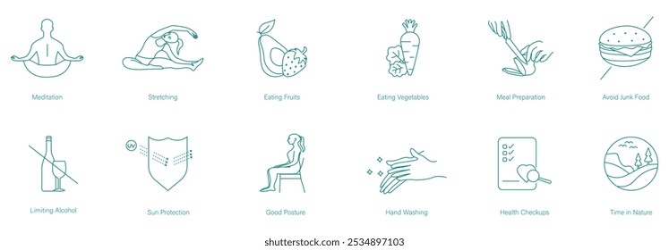 Meditación, Estiramiento, Comer frutas, Comer verduras, Preparación de comidas, Evitar la comida chatarra, Dejar de fumar, Protección UV, Buena postura, Lavado de manos, Chequeo de salud, Tiempo en la Naturaleza Vector Icon Set