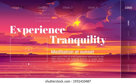 La meditación al atardecer caricatura en la página de inicio, invitación a la experiencia de yoga en la playa nocturna del océano. Nubes moradas en el cielo sobre la superficie del mar, paisaje natural, vistas al atardecer. ilustración vectorial, banner web