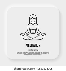 Meditation symbol, inner balance, yoga school. Young girl in lotus pose. Thin line icon. Gyan mudra, yoga hand gesture. Vector illustration.