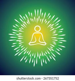 meditation symbol vector icon & sunburst like rays emerging from the person sitting in silence for introspection