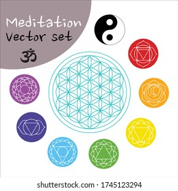 meditation symbols vector set : chakras, flower of life, yin yang, om