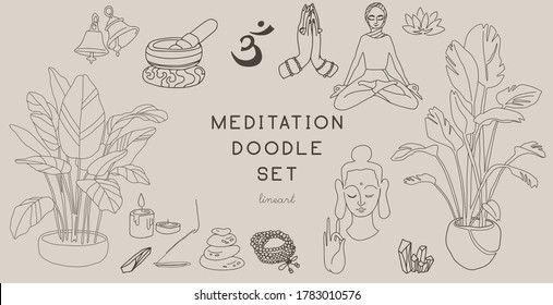 Meditation Theme: Big hand drawn lineart doodle set for meditation, yoga practice, wellness, healthy lifestyle. Contemporary green peacefull modern abstract exotic nature trendy vector illustrations. 