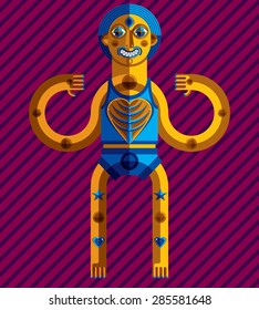 Meditation theme vector illustration, drawing of a creepy creature made in modernistic style. Spiritual idol created in cubism style.