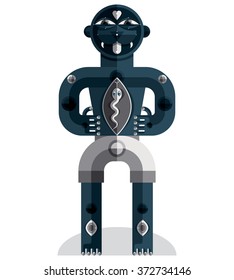 Meditation theme vector illustration, drawing of creepy creature made in modernistic style, odd beast. Spiritual idol created in cubism style.