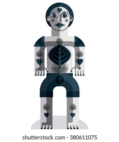 Meditation theme vector illustration, drawing of a creepy creature made in modernistic style. Spiritual idol created in cubism style.