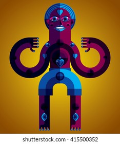 Meditation theme vector illustration, drawing of a creepy creature made in modernistic style. Spiritual idol created in cubism style. Relaxation and yoga.