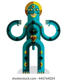 Meditation theme vector illustration, drawing of a creepy creature made in modernistic style. Spiritual idol created in cubism style.