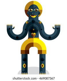 Meditation theme vector illustration, drawing of a creepy creature made in modernistic style. Spiritual idol created in cubism style.