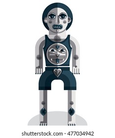 Meditation theme vector illustration, drawing of a creepy creature made in modernistic style. Spiritual idol created in cubism style.