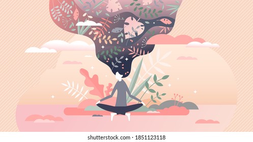 Meditation Therapy As Mind And Body Harmony And Balance Tiny Person Concept. Female Relaxation With Physical And Mental Wellness Treatment Vector Illustration. Spiritual Lotus Silence Sitting Position