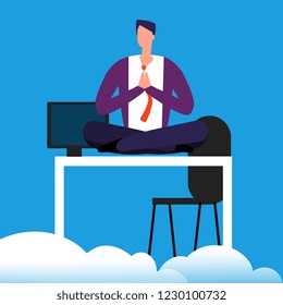 Meditation time on work. Man is meditating over the desk vector illustration