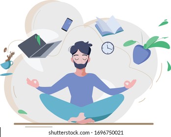 
Meditation, tranquility, control over emotions time management. A man sits in a lotus position surrounded by objects and electronics. Flat vector illustration.