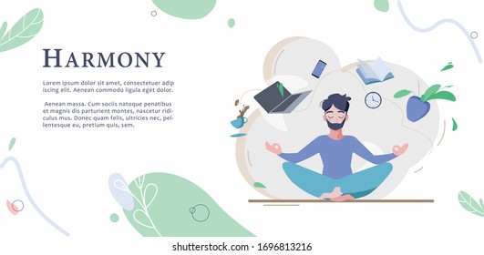 Meditation, tranquility, control over emotions time management. A man sits in a lotus position surrounded by objects and electronics. Flat vector illustration.