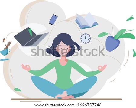 
Meditation, tranquility, control over emotions time management. A woman sits in a lotus position surrounded by objects and electronics. Flat vector illustration.