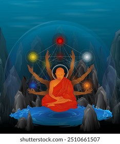 Meditation Vector Art, Universal Energy Meditation Healing Art, Developing the Mind Concept Vector Illustration, Buddhist Thero Being an Arhat Design