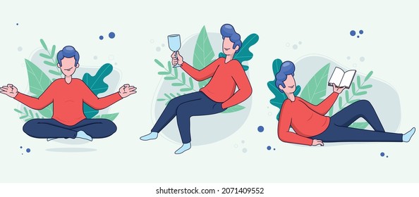 meditation, vector design of human reading meditating and drinking wine
