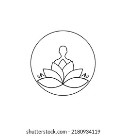 Meditation vector icon. Man maditating in lotus flower. Artistic original drawing. Yoga, zen, mindfulness, budhist symbol, logo element template for your design.