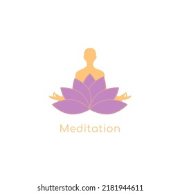 Meditation vector icon. Man maditating in lotus flower. Artistic original drawing. Yoga, zen, mindfulness, budhist symbol, logo element template for your design.