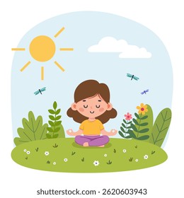 Meditation. Vector illustration of a girl meditating in nature among plants and sunny sky. Gymnastics, sports, healthy lifestyle, meditation for children International Yoga Day