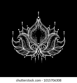 Meditation vector illustration lotus. Vintage decorative elements isolated. Hand drawn. Indian. Sacred tattoo, spirituality, print, t-shirt, textiles, floral, flower, sketch, art. Pattern for henna.