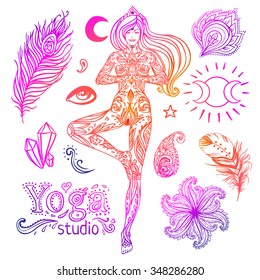 Meditation vector illustration set, tree yoga posture. Vintage decorative vector elements isolated. Hand drawn. Indian, Hindu paisley motifs. Tattoo, spirituality, prints for t-shirts, textiles.