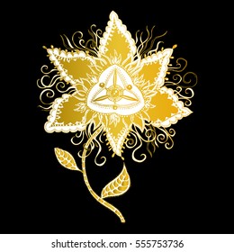 Meditation vector illustration set . Vintage decorative elements. Hand drawn. Indian, spirituality, print, t-shirt, textiles, fabric, floral, flower, sketch, art, doodle, vintage, shine, gold, black