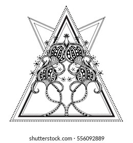 Meditation vector illustration set. Vintage decorative vector elements isolated. Hand drawn. Tattoo, spirituality, print, t-shirt, textile, floral, blossom, bloom, poppy, line, 
triangle, geometry