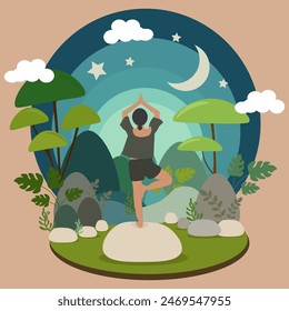 Meditation vector ilustration with a background view at night in the mountains .Flat Ilustration.