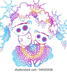 meditation, vector image, isolated, handmade, printed on a T-shirt fabric. Souvenir, Tattoo, charset value, mascot, spirituality. 60s, narcotic, lsd, dmt, trip, acid, joy, rainbow, positive, clouds.