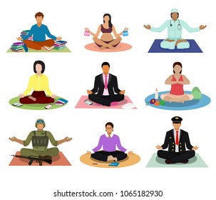 Meditation vector meditating people practice yoga and characters of pregnant woman or businessman meditate in lotus position illustration set of men in meditativeness pose isolated on white background