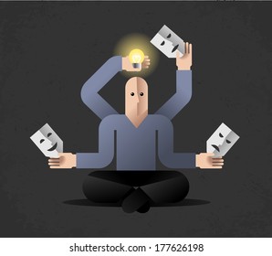 Meditation (vector version). Many armed cartoon man in lotus position, holding masks and lightbulb. Comic illustration on the theme of Generating New Ideas