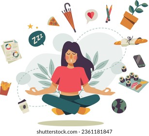 Meditation VS mental load. Healthy lifestyle in a stressful society. Girl