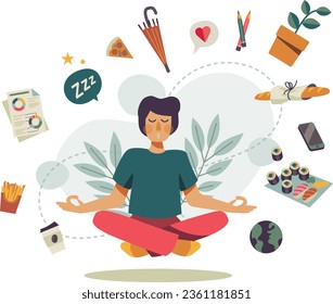 Meditation VS mental load. Healthy lifestyle in a stressful society. Boy