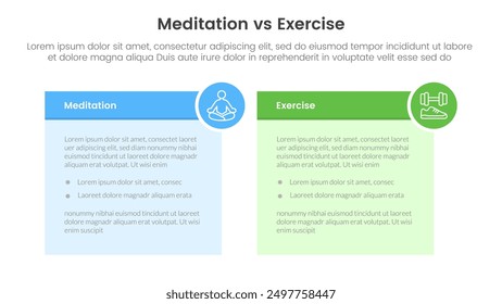 meditation vs physical exercise comparison or versus concept for infographic template banner with table box and circle badge with two point list information vector