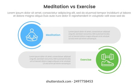 Comparación de meditación vs ejercicio físico o concepto versus para infografía Anuncio de Plantilla con círculo grande y rectángulo largo Forma redonda con dos listas de puntos Información Vector