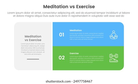 meditation vs physical exercise comparison or versus concept for infographic template banner with big round box and stack list with two point list information vector