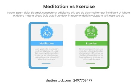 meditation vs physical exercise comparison or versus concept for infographic template banner with rectangle shape bold outline and circle badge with two point list information vector