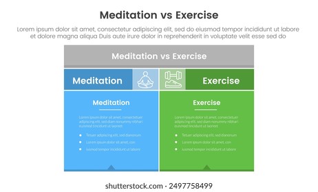 meditation vs physical exercise comparison or versus concept for infographic template banner with box table with fullcolor background block with two point list information vector