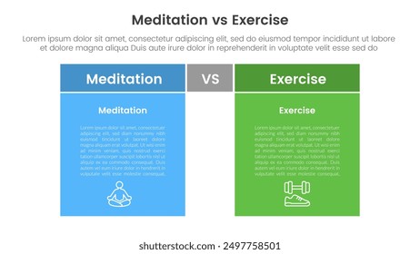 meditation vs physical exercise comparison or versus concept for infographic template banner with box table with fullcolor background block with two point list information vector