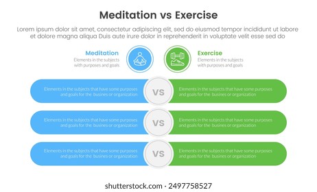 Comparación de meditación vs ejercicio físico o concepto versus para infografía Anuncio de Plantilla con barra rectangular redonda opuesta con lista de dos puntos Información Vector