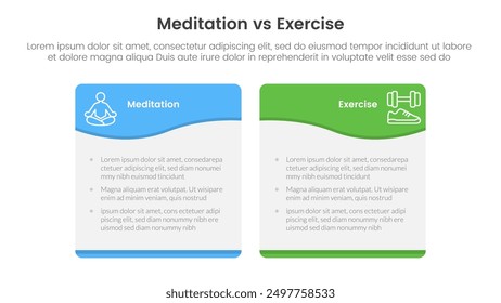 meditation vs physical exercise comparison or versus concept for infographic template banner with wave swirl curve table box with two point list information vector