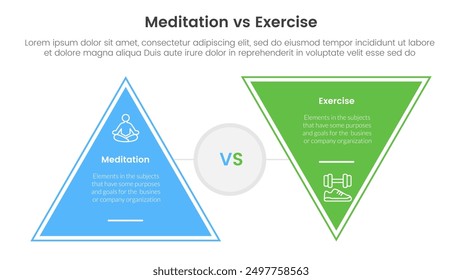 meditation vs physical exercise comparison or versus concept for infographic template banner with triangle shape reverse with two point list information vector