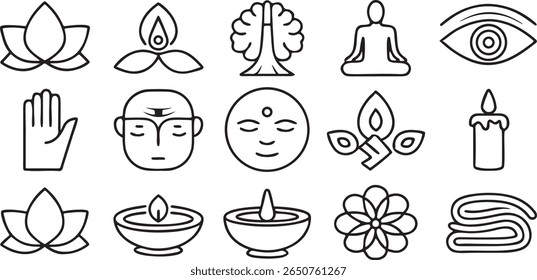 meditation and wellness icon set, 30 editable mindfulness symbols, breathing, focus, relaxation in black outline vector layout