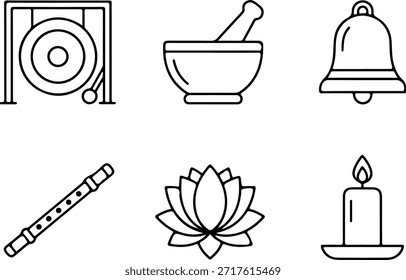meditação e bem-estar ícone conjunto com gongo argamassa sino flauta lótus flor e vela linha arte isolado no fundo branco