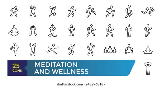 Meditation and Wellness Related Line Icons set. Contains such Icons as Mindfulness, Balance, Group Meditation Session and more. Collection and pack of linear web and ui icons. Editable stroke.